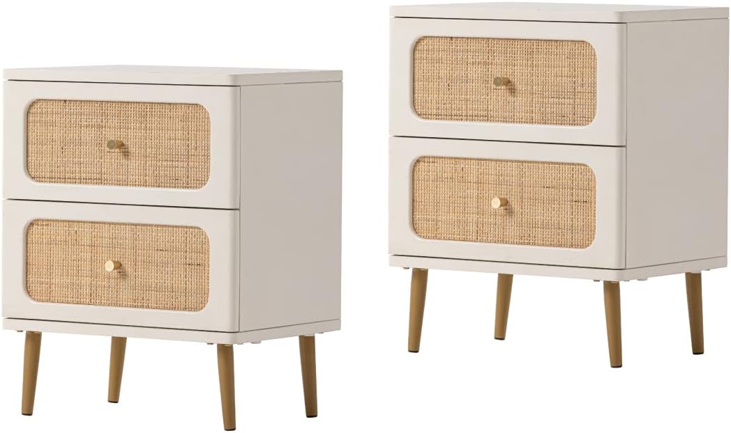 Wicker Rattan Nightstand Set of 2, 2-Drawer End Table Cream White Finish Side Table for Small Spaces, Modern Farmhouse Wooden Bedside Table, Boho Mid-Century Coastal Storage Cabinet