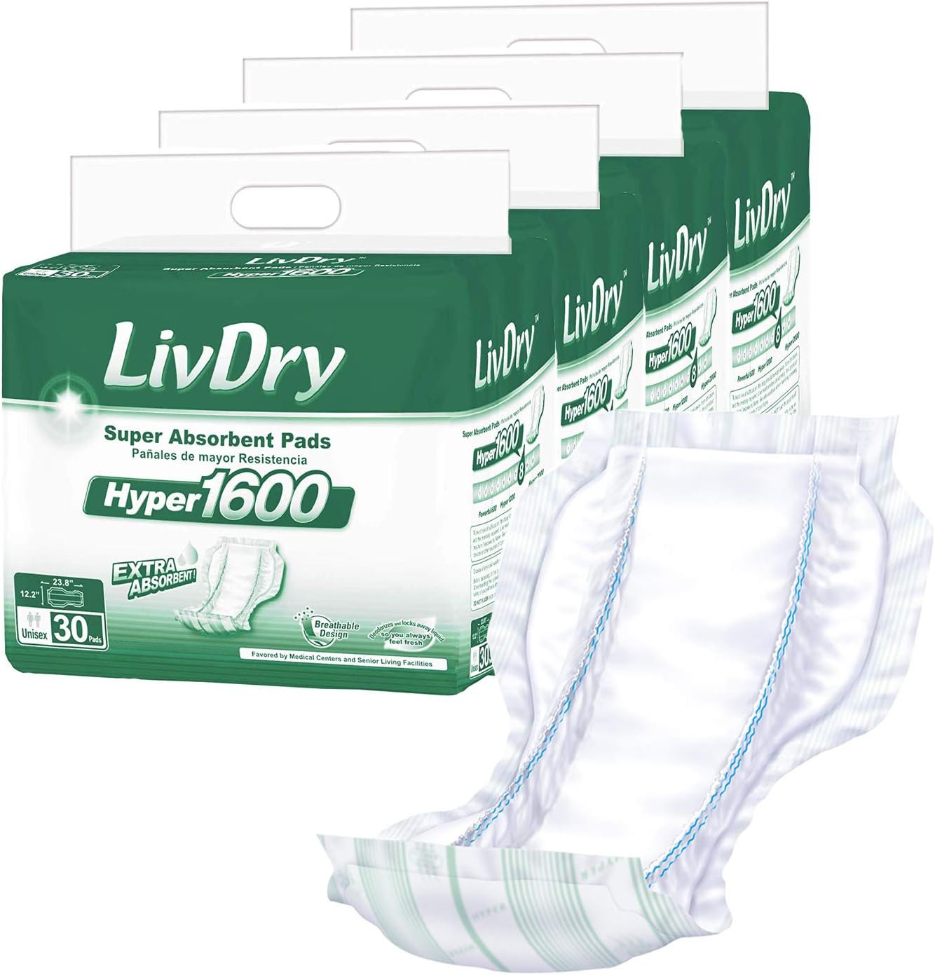 LivDry High Absorbency Pad Insert for Incontinence Briefs and Adult Diapers, Women and Men, Hyper 1600 (120 Count)