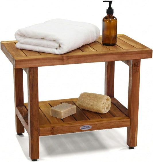 AquaTeak The Original 24" Spa Teak Shower Bench - Shower Stool with Storage Shelf for Bathroom - Durable Water Resistant Shower Chair - Shaving Foot Rest - Indoor & Outdoor Use